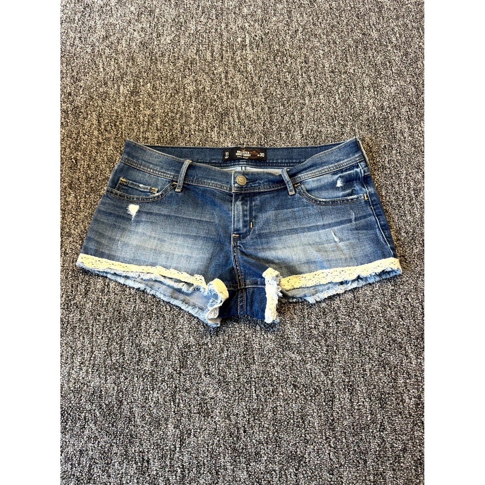 Hollister Short Shorts Womens 11 Blue Lace Trim Low Rise Distressed Whiskering